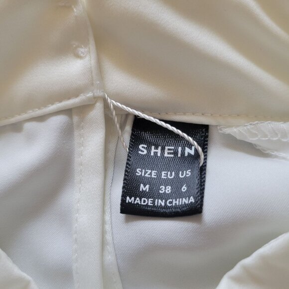 Elegant Shein White Blouse With Lace Sleeves & Tie Neck Design NWT - Picture 7 of 11